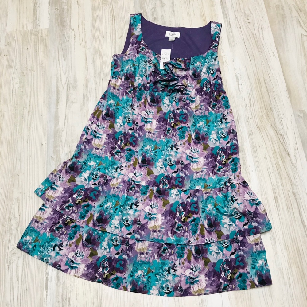NEW Loft Purple Floral Watercolor Ruffle Dress 2